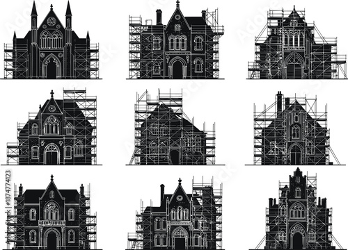 Gothic architecture facade illustrations, restoration scaffolding views, historical building design, pointed arches, ornate details, construction stages, heritage preservation, architectural evolution