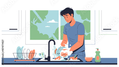 Man washing dishes at kitchen sink with soap and water