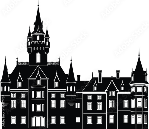Gothic castle palace silhouette, medieval architecture vector illustration, historic royal building concept, fantasy landmark icon, classic European fortress design, black and white style