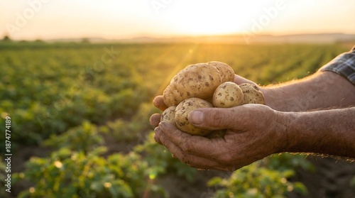 A farmer s hands gently hold a cluster of freshly harvested potatoes in a field bathed in the warm glow of a sunset