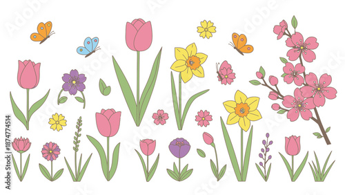 Vibrant spring flowers and butterflies in colorful garden scene