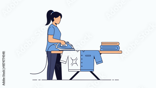 Woman ironing clothes on ironing board with folded laundry nearby