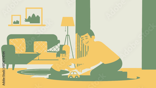 Smiling man playing with toy car on living room floor at home