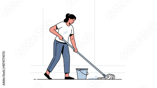 Woman diligently cleaning floor with mop and bucket