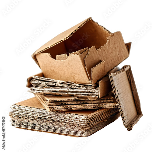 A stack of torn and flattened corrugated cardboard pieces isolated on a white background symbolizing waste and recycling materials