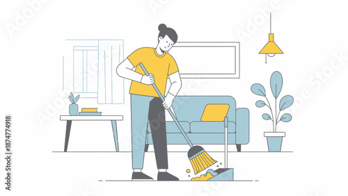 Man sweeping floor in modern living room with blue couch