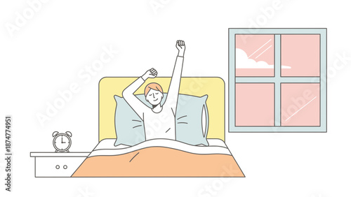 Woman stretching in bed with morning sunrise view