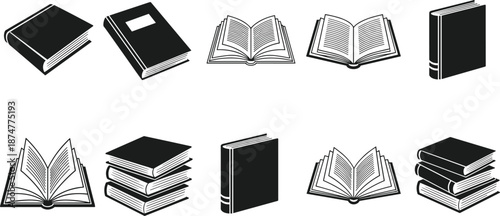 “Collection of classic book icons featuring open pages, closed volumes, stacked books, and reading symbols in clean monochrome vector style for education and library themes”