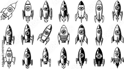 Black and white line art rocket ships with eye emblems, science fiction vector illustration