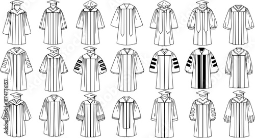Education Academic Regalia Line Art: Graduation Gowns, Caps, and Hoods Vector Illustration for University, College, and School Ceremonies