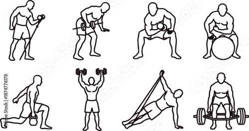 Line art illustrations of men performing various exercises with weights and dumbbells in gym