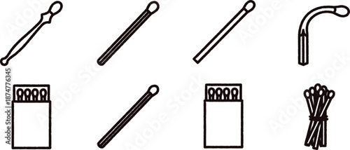 Matchsticks and matchboxes in various poses on white background