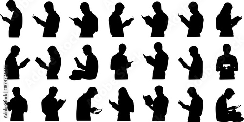 Vector Silhouettes of Diverse People Reading Books and Digital Devices - Education, Learning, and Technology Concepts