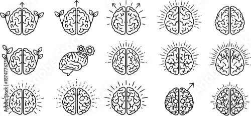 Human Brain Black and White Line Art Icons Set for Medical, Education, Science, Psychology, and Creative Thinking Concepts
