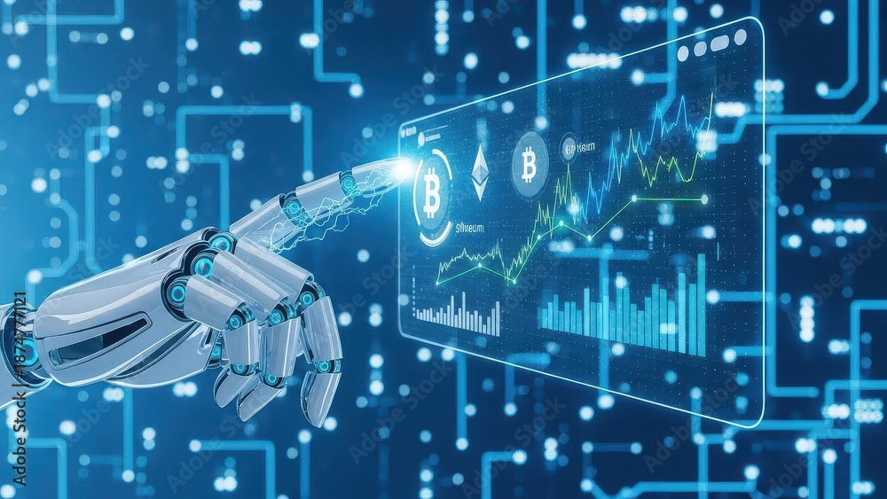 Naklejka premium Robot hand is touching a screen with a Bitcoin symbol on it