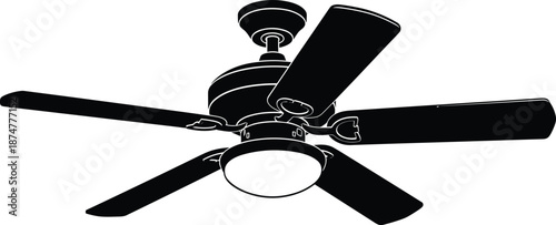 “Detailed black and white ceiling fan vector illustration with five blades, modern home appliance design, clean silhouette style, perfect for interior decor, engineering, and