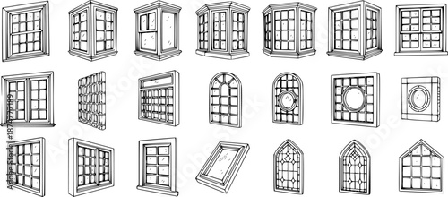 Black and White Line Art Collection of Architectural Window Designs for Construction and Design