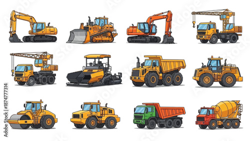 Construction Vehicles Illustration Set Various Types of Construction Machinery in Action