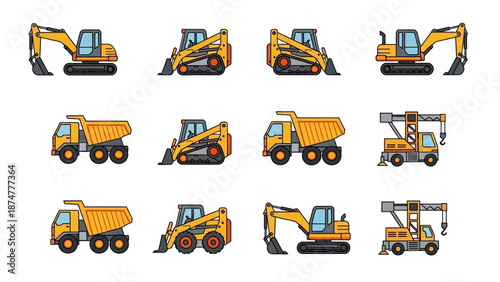 Construction Equipment Icons Set of Detailed Illustrations of Various Heavy Machinery