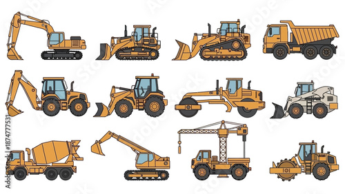 Collection of construction vehicles and heavy machinery illustrated on a white background