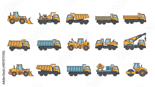 Construction Vehicles Icon Set Dump Trucks, Excavators, and Construction Equipment Designs