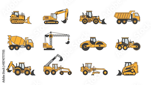 Construction Equipment Collection A Set of Yellow Machines for Various Construction Tasks