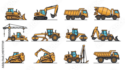 Collection of construction vehicles and heavy equipment in various sizes and angles, illustration