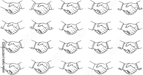 Black and White Line Art Shaking Hands Pattern, Business Agreement and Partnership Concept