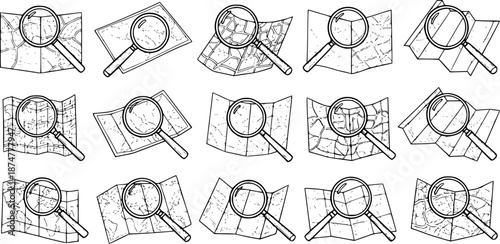 Travel, Exploration  Research Black and White Line Art Icons. Hand-drawn Set of Magnifying Glasses and Maps for Navigation, Discovery, and Education.