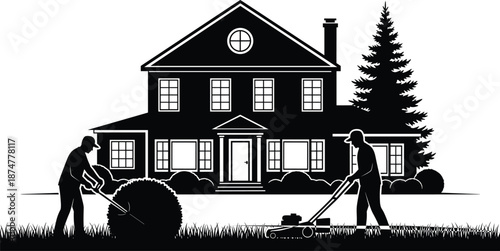 “Detailed vector illustration of professional workers performing lawn mowing and shrub trimming in front of a large suburban house, showcasing outdoor 