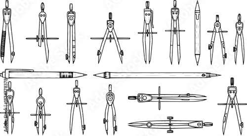 Black and White Line Art Set of Engineering and Architectural Drafting Tools: Compasses and Pencils for Technical Drawing and Design Education