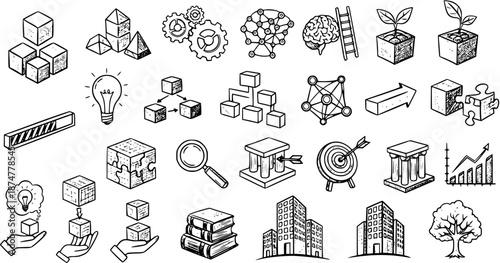 Hand-drawn Black  White Line Art Business, Technology, Education  Strategy Concept Icons. Sketchy Symbols for Growth, Innovation, Development, and Analysis.