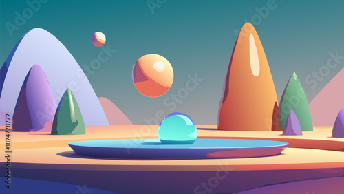 Vector illustration of a tropical summer beach with UFOs and Easter eggs in the sunny sky over the ocean waves and surfing boards on the sand