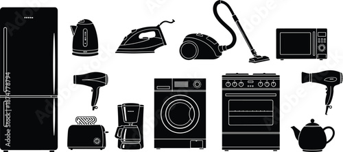 “Modern household appliances collection with kitchen electronics, cleaning tools and home devices illustrated in detailed black silhouette style for versatile vector design use, 