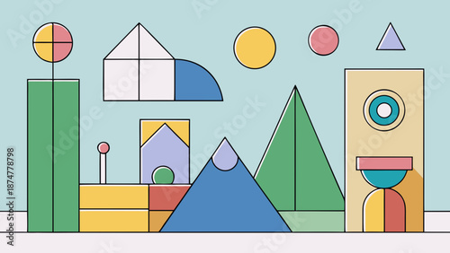 Vector illustration of a cartoon winter landscape featuring a small house with snow on the roof nestled among trees near a mountain under a bright sun and blue sky