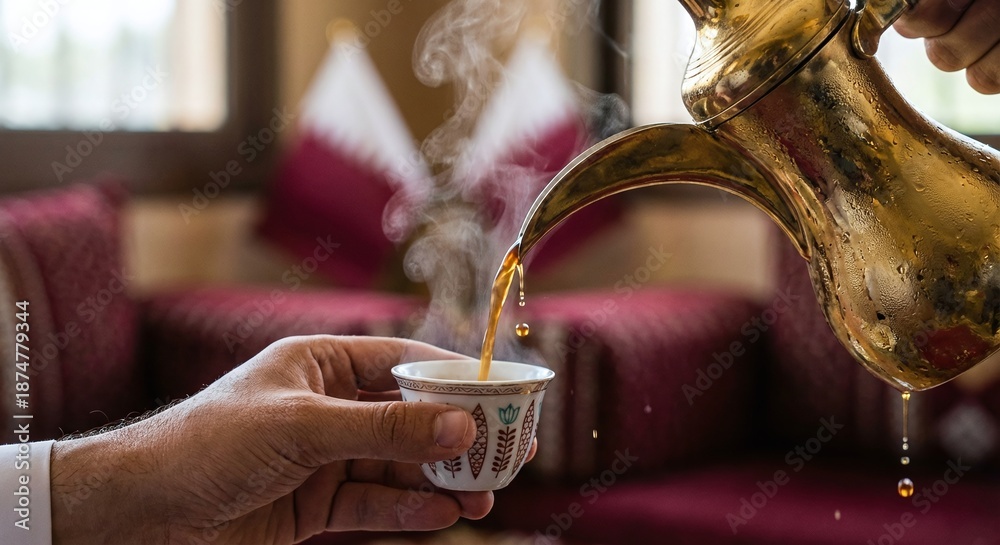 Fototapeta premium Qatar National Day hospitality concept with pouring Arabic coffee in traditional setting