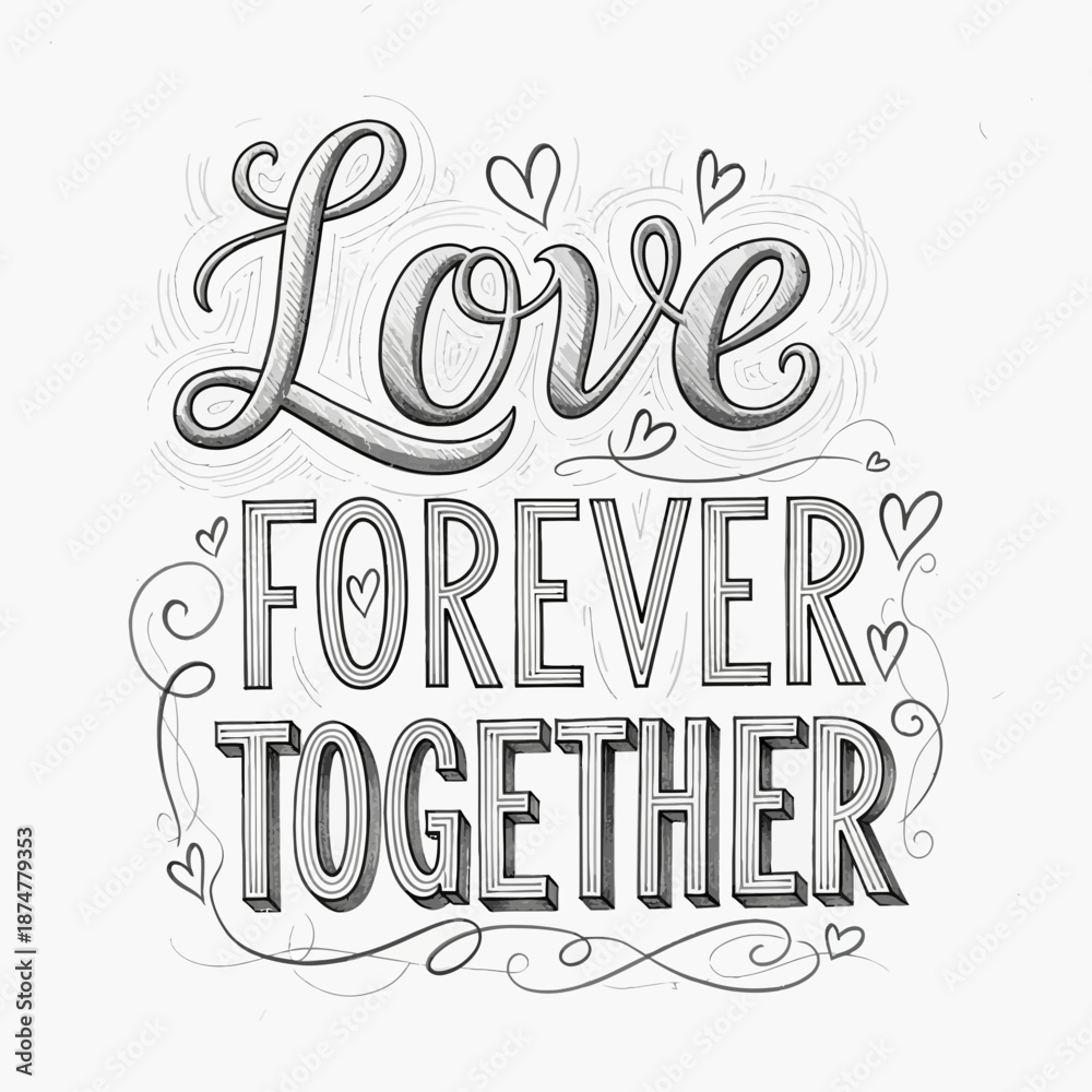 Obraz premium Love Forever Together Hand Lettering with Hearts - Black and White