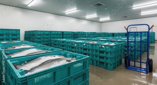 Rows of fresh seafood packed in teal crates within a spacious cold storage warehouse, awaiting distribution.