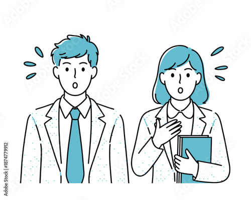 A surprised businessman and businesswoman in white lab coats looking shocked