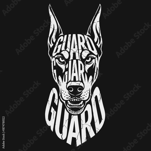 Doberman Pinscher Guard Dog Portrait with Text Art.