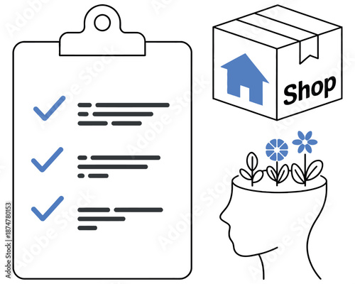 A person with a checklist and a growing idea for online shopping and mental growth
