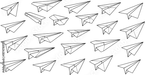 Abstract Black and White Line Art Seamless Pattern of Paper Airplanes for Creative Communication, Travel, and Education Concepts