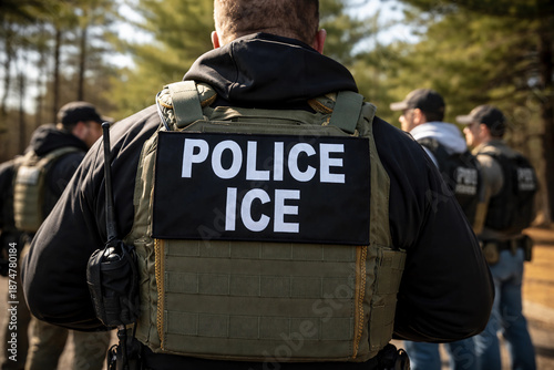 Close-up of a U.S. Border Patrol officer’s tactical vest with POLICE patch. Olive green law enforcement gear with MOLLE webbing, photographed outdoors in natural light, symbolizing security and author