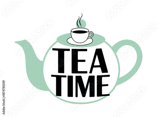 A tea infuser with a cup of tea and the words 'tea time' on a white background
