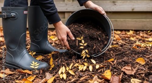 Wallpaper Mural Gardener pours rich compost soil from a bucket onto the ground, preparing the garden bed with fallen leaves. Torontodigital.ca