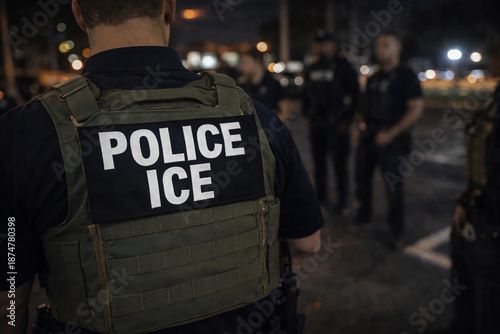 Close-up of a U.S. Border Patrol officer’s tactical vest with POLICE patch. Olive green law enforcement gear with MOLLE webbing, photographed outdoors in natural light, symbolizing security and author