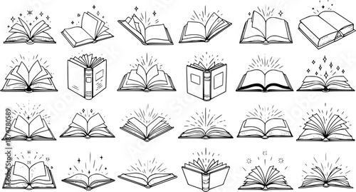 Education  Learning Hand-drawn Black and White Line Art Books Collection for Knowledge, Wisdom, and Reading Concepts