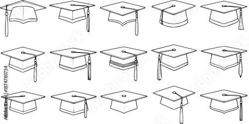 Education Graduation Caps Black and White Line Art Vector Set. Academic Mortarboard Hats Outline Collection for Students and Graduates, Success, and Ceremony.