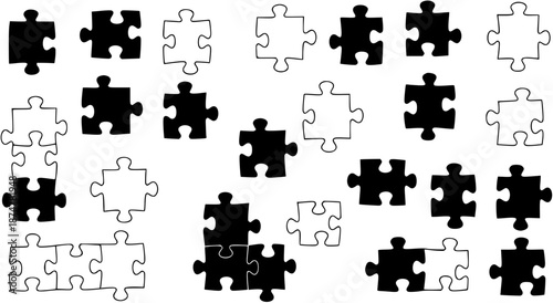 Black and White Line Art Jigsaw Puzzle Pieces Vector for Business Concepts, Problem Solving, Teamwork, Strategy, and Thinking Illustrations
