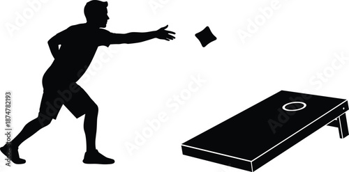 Cornhole game silhouette illustration, man throwing bean bag toward wooden board target, outdoor backyard sport vector concept design